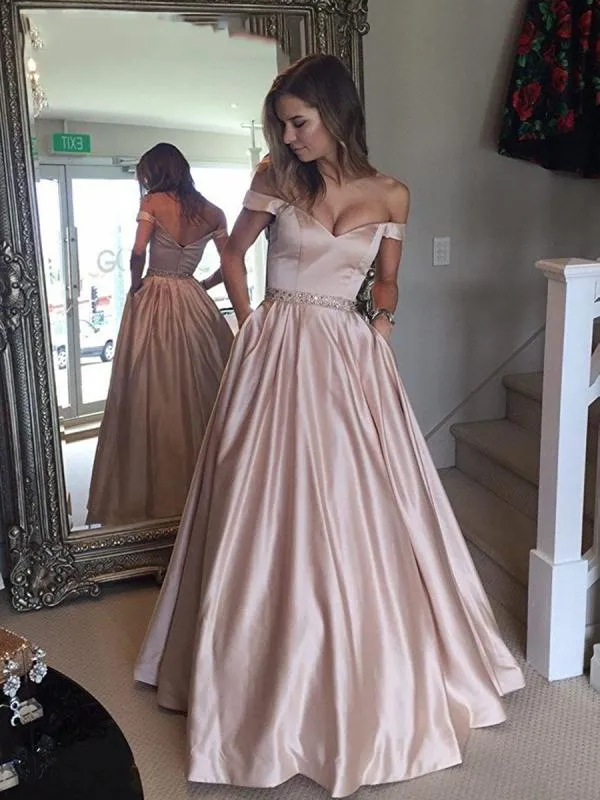 A-line Off-the-Shoulder Waist Beaded Satin Long Prom Dresses MP1071