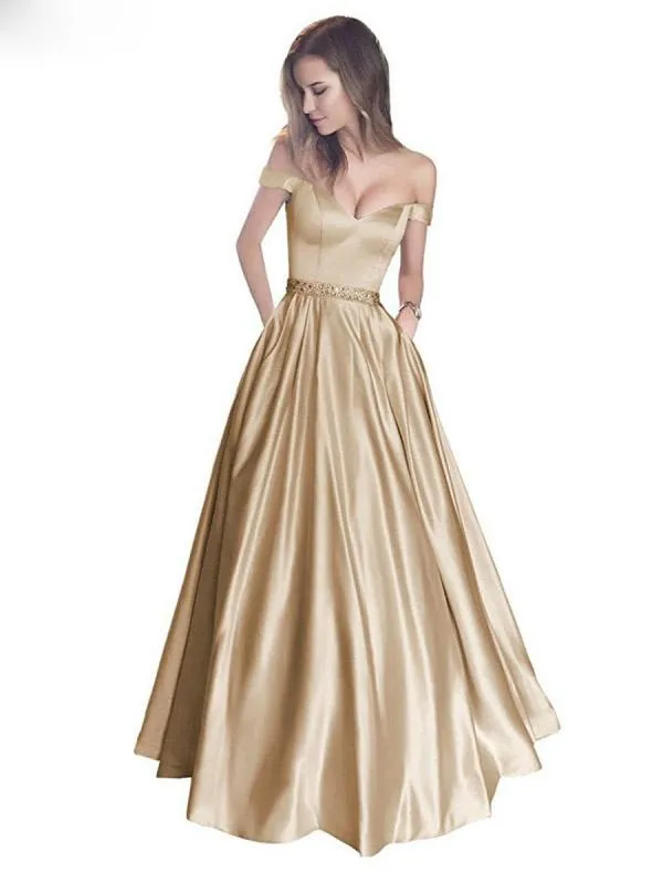 A-line Off-the-Shoulder Waist Beaded Satin Long Prom Dresses MP1071