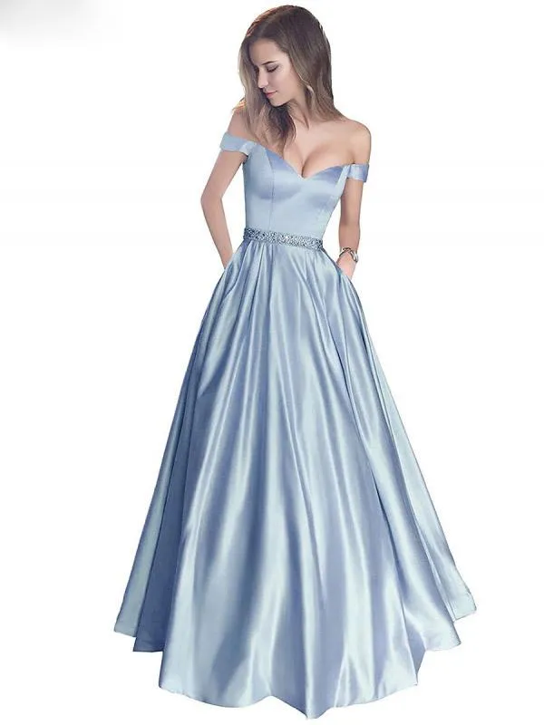 A-line Off-the-Shoulder Waist Beaded Satin Long Prom Dresses MP1071