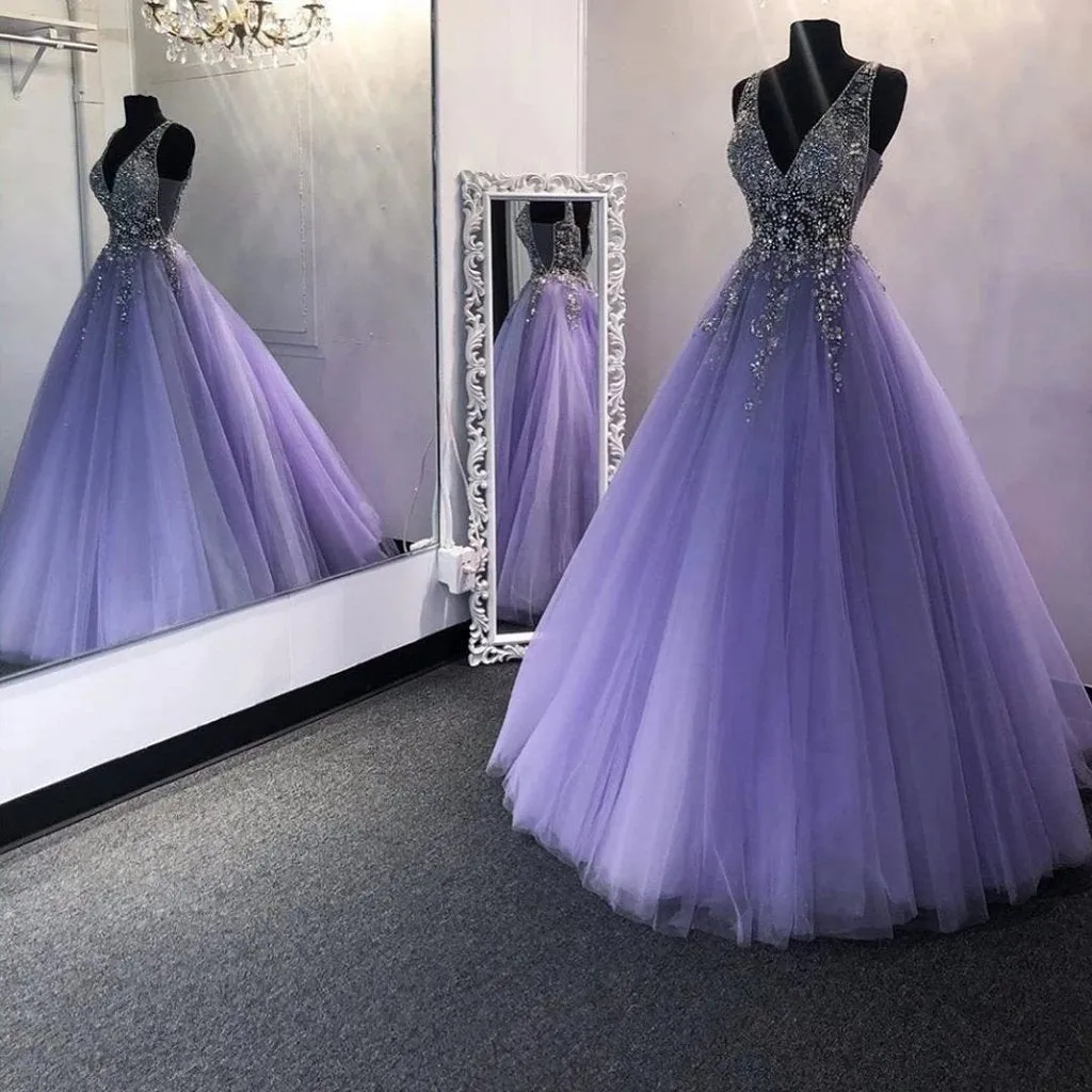 A Line V Neck Beaded Long Prom Dresses, Backless Formal Evening Dresses MG193