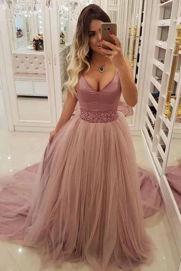 A Line V-neck Beaded Waist Prom Dresses with Overlay Tulle Skirt MP297
