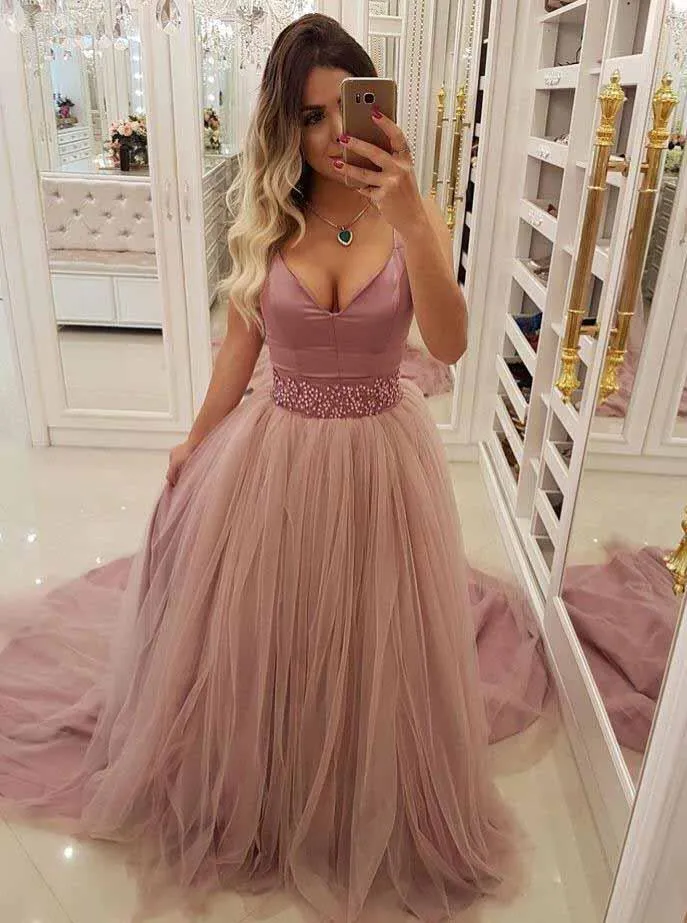 A Line V-neck Beaded Waist Prom Dresses with Overlay Tulle Skirt MP297