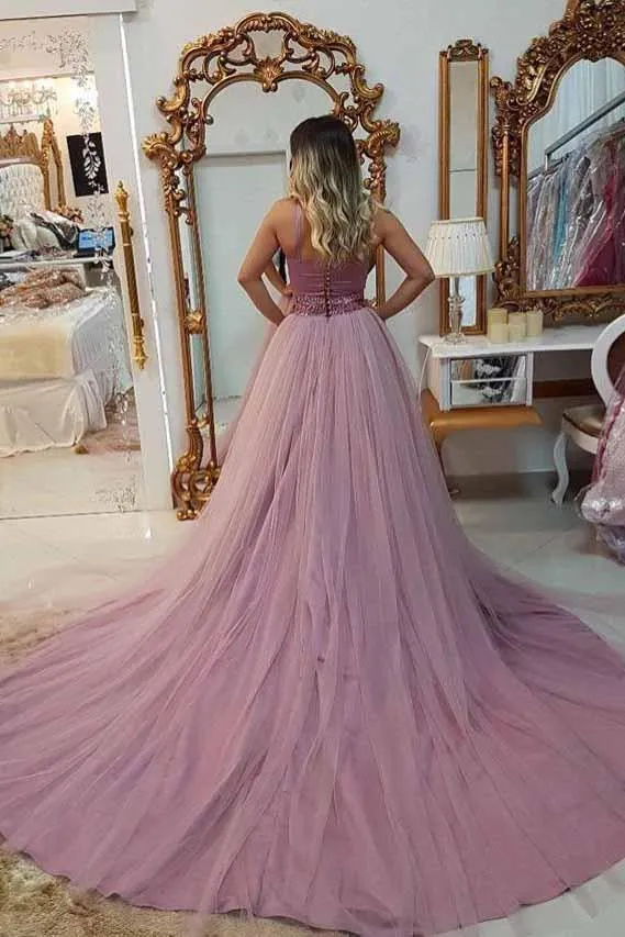 A Line V-neck Beaded Waist Prom Dresses with Overlay Tulle Skirt MP297