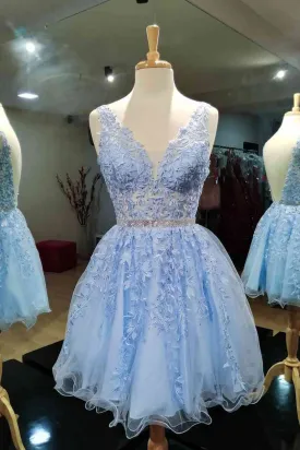 A-line V-Neck Blue Sleeveless Beaded Short Prom Dresses, Lace Homecoming Dresses GM538