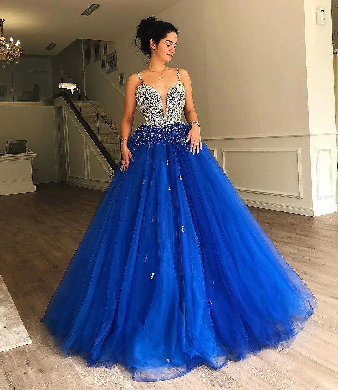 Ball Gown Tulle Beaded Bodice Prom Dress, Royal Blue Quinceanera Dress MP912