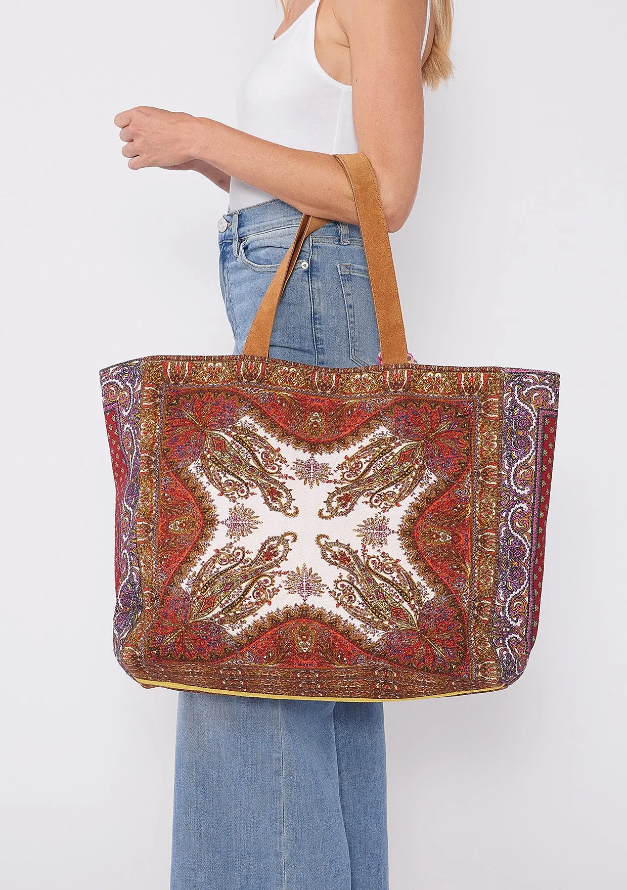 Beaded Scarf Print Shopper Tote Bag
