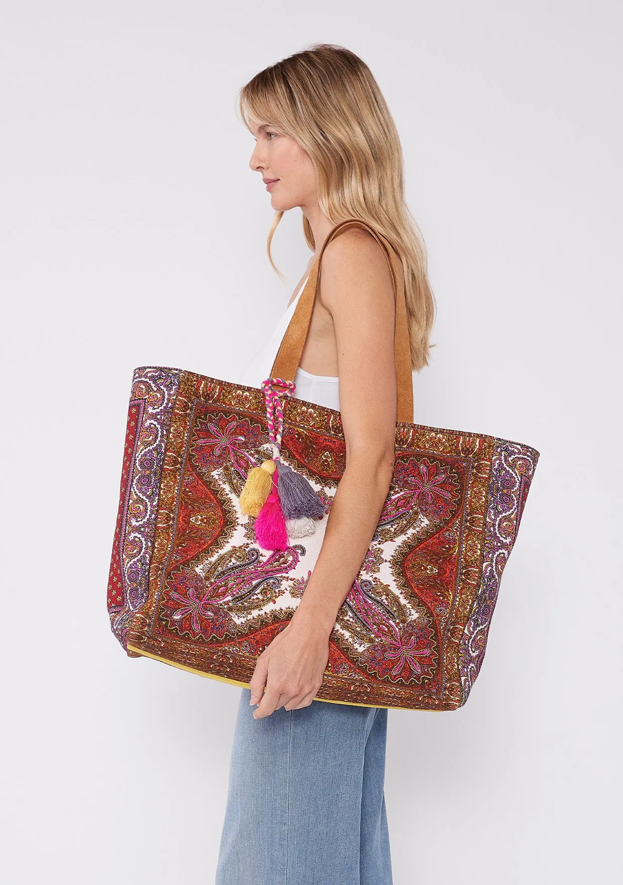 Beaded Scarf Print Shopper Tote Bag