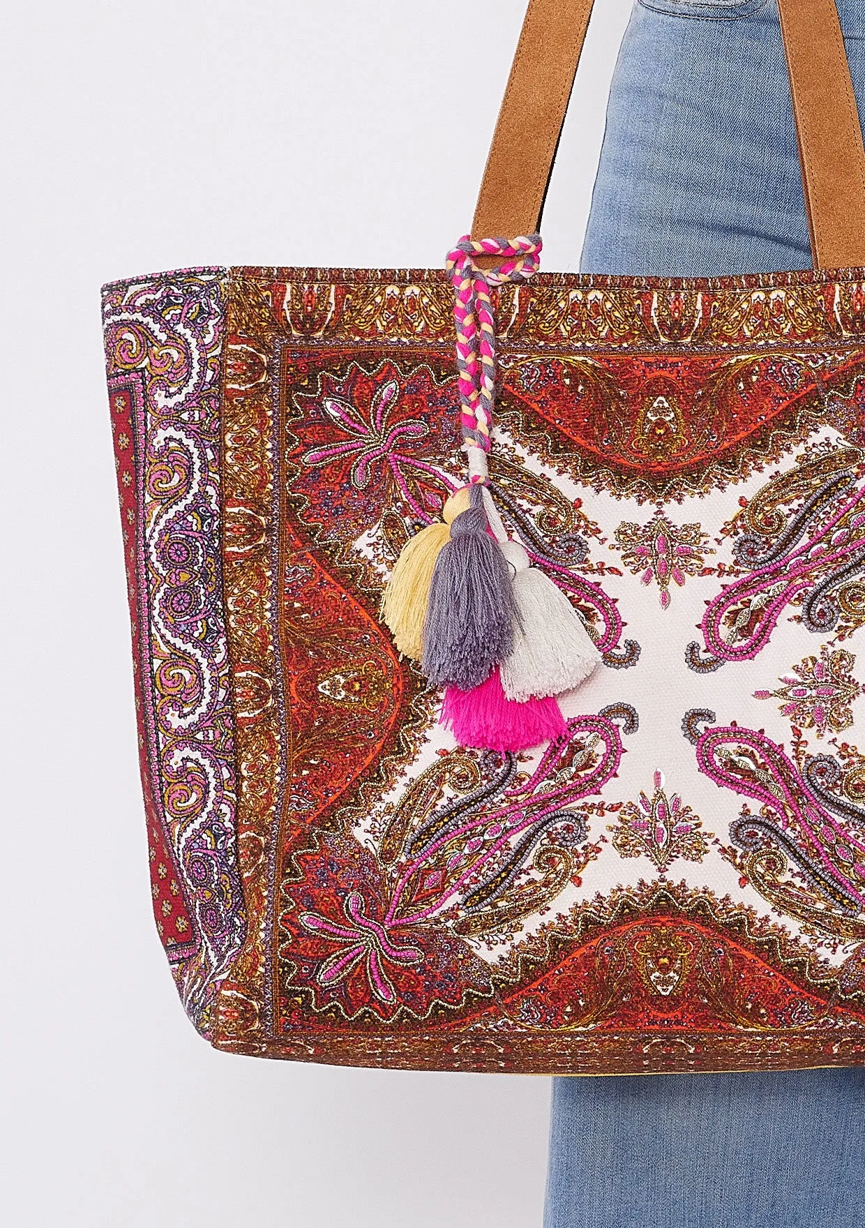Beaded Scarf Print Shopper Tote Bag