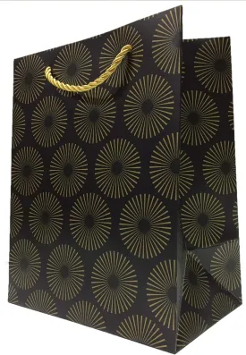 Black and Gold Gift Bags with Handles 8x10 Medium Size 12 Pack Starburst Design Paper Present Bags 8x5x10 Modern Fancy Cute Luxury Matte