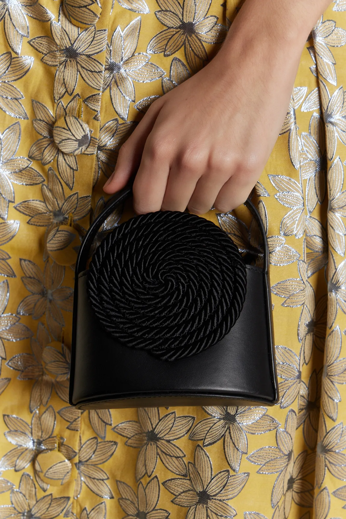 BLACK Mini Leather Handle Bag with Passementerie Details