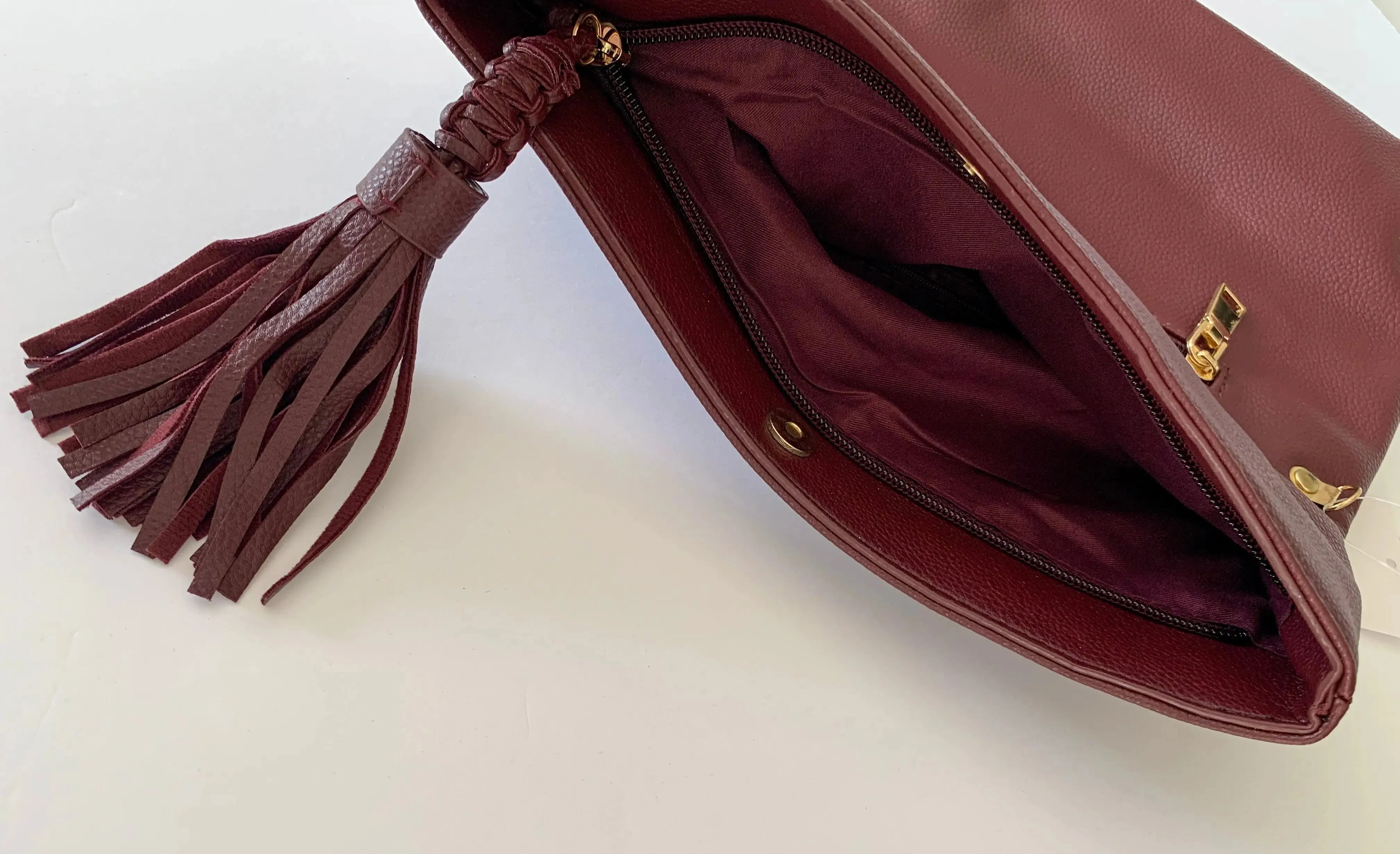 Burgundy Smooth Folded Tassel Clutch