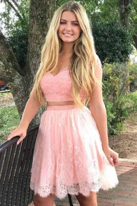 Cap Sleeves Two Piece V-neck Coral Lace Homecoming Dress With Beaded GM258