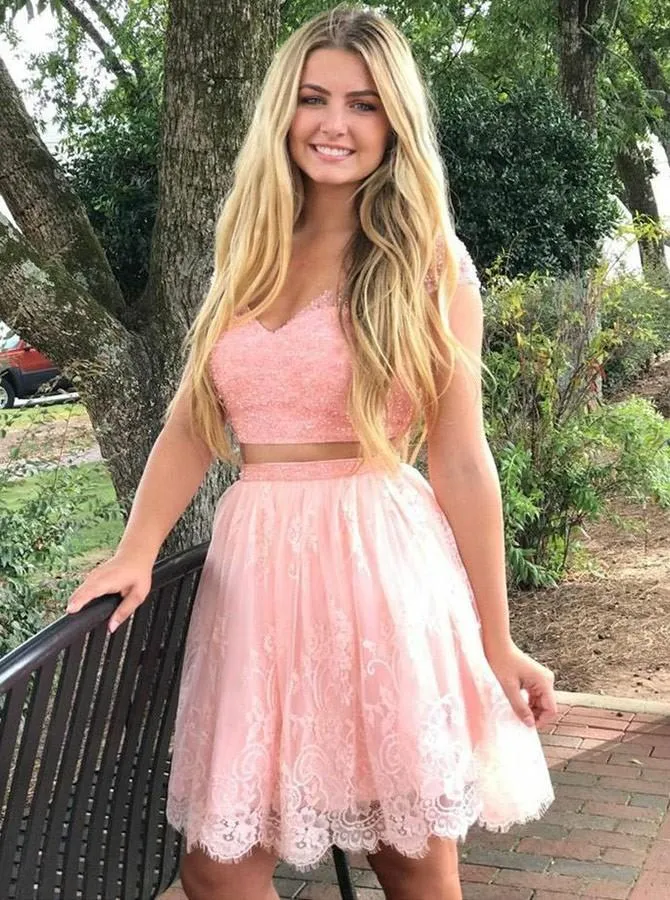 Cap Sleeves Two Piece V-neck Coral Lace Homecoming Dress With Beaded GM258