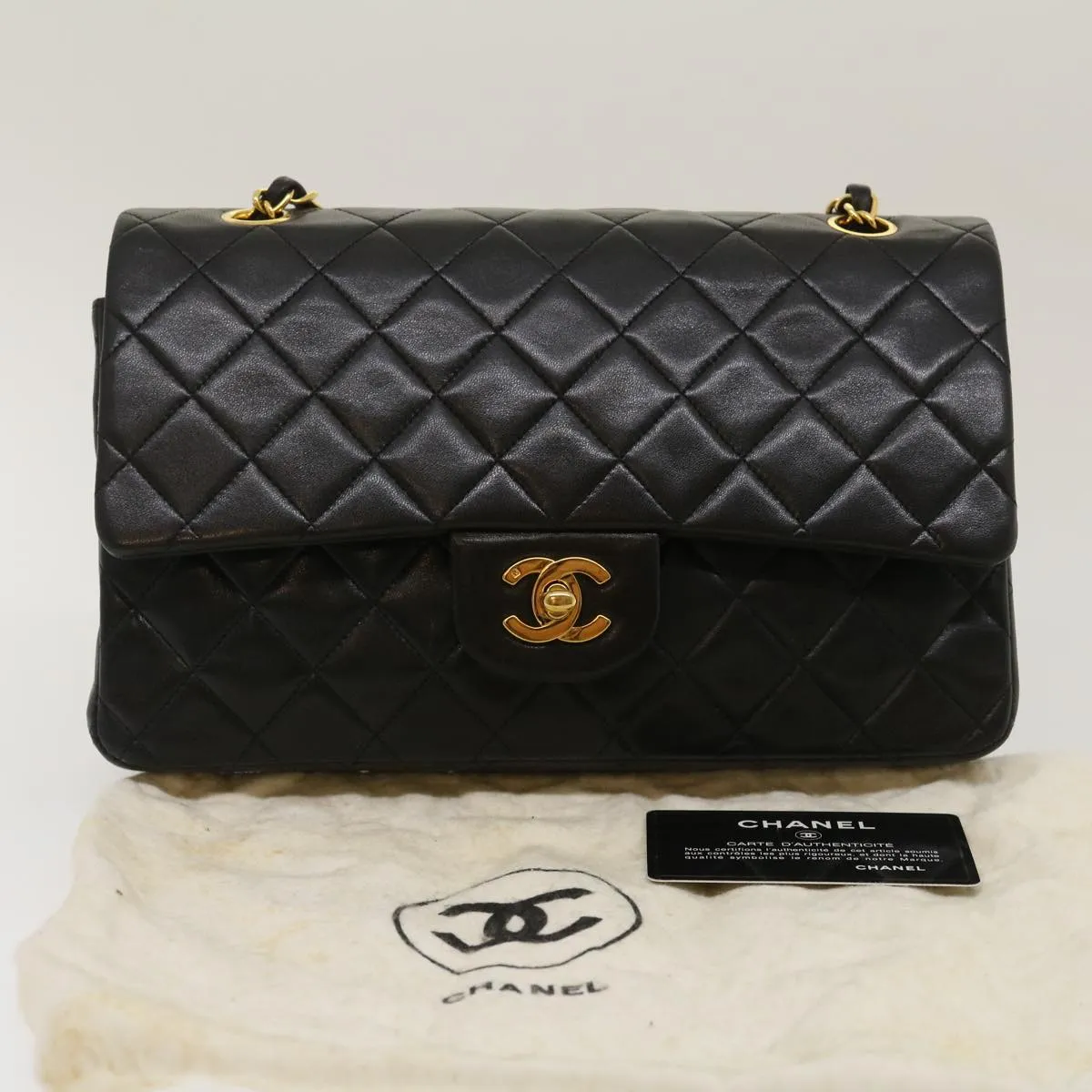 CHANEL Classic Matelasse 25 Chain Flap Shoulder Bag Lamb Skin Black 29962A