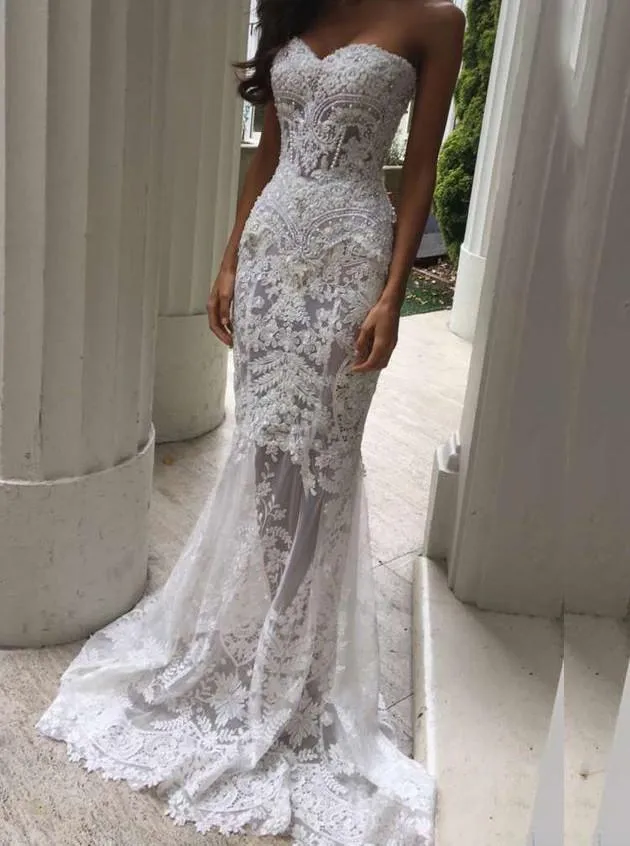 Charm Sweetheart Beaded Appliques Mermaid Beach Lace Wedding Dress PW280