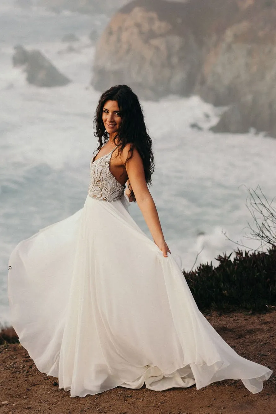 Classic Spaghetti Beaded Chiffon Ivory Country Wedding Gown PW247