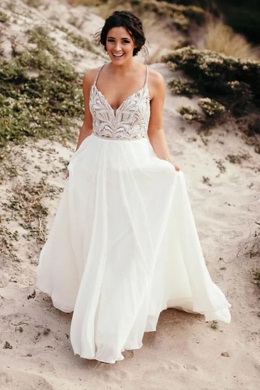 Classic Spaghetti Beaded Chiffon Ivory Country Wedding Gown PW247
