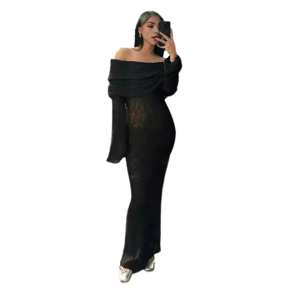 DERMEARNE Autumn Winter Women Knit Dress Elegant Long Sleeve Sheer Hollow Long Dress Sexy Off Shoulder One-line Collar Party Dress