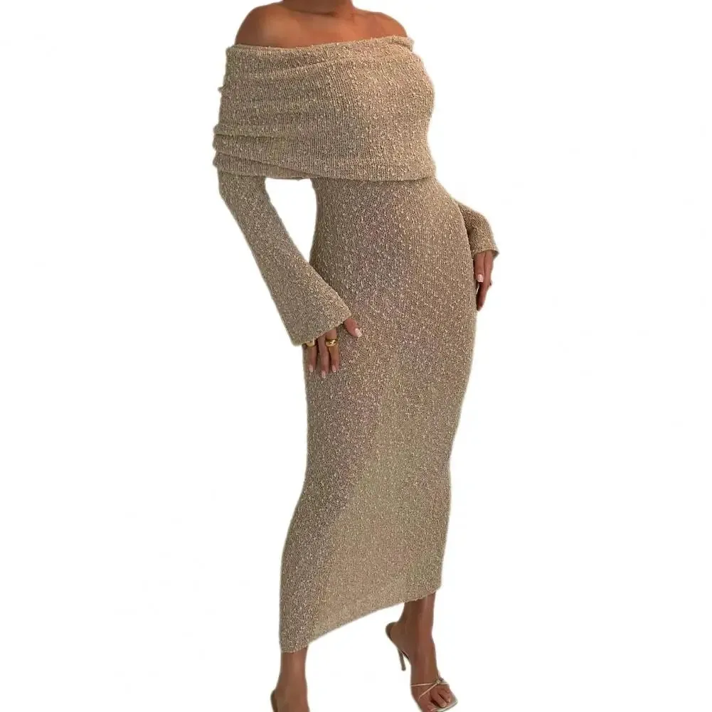 DERMEARNE Autumn Winter Women Knit Dress Elegant Long Sleeve Sheer Hollow Long Dress Sexy Off Shoulder One-line Collar Party Dress