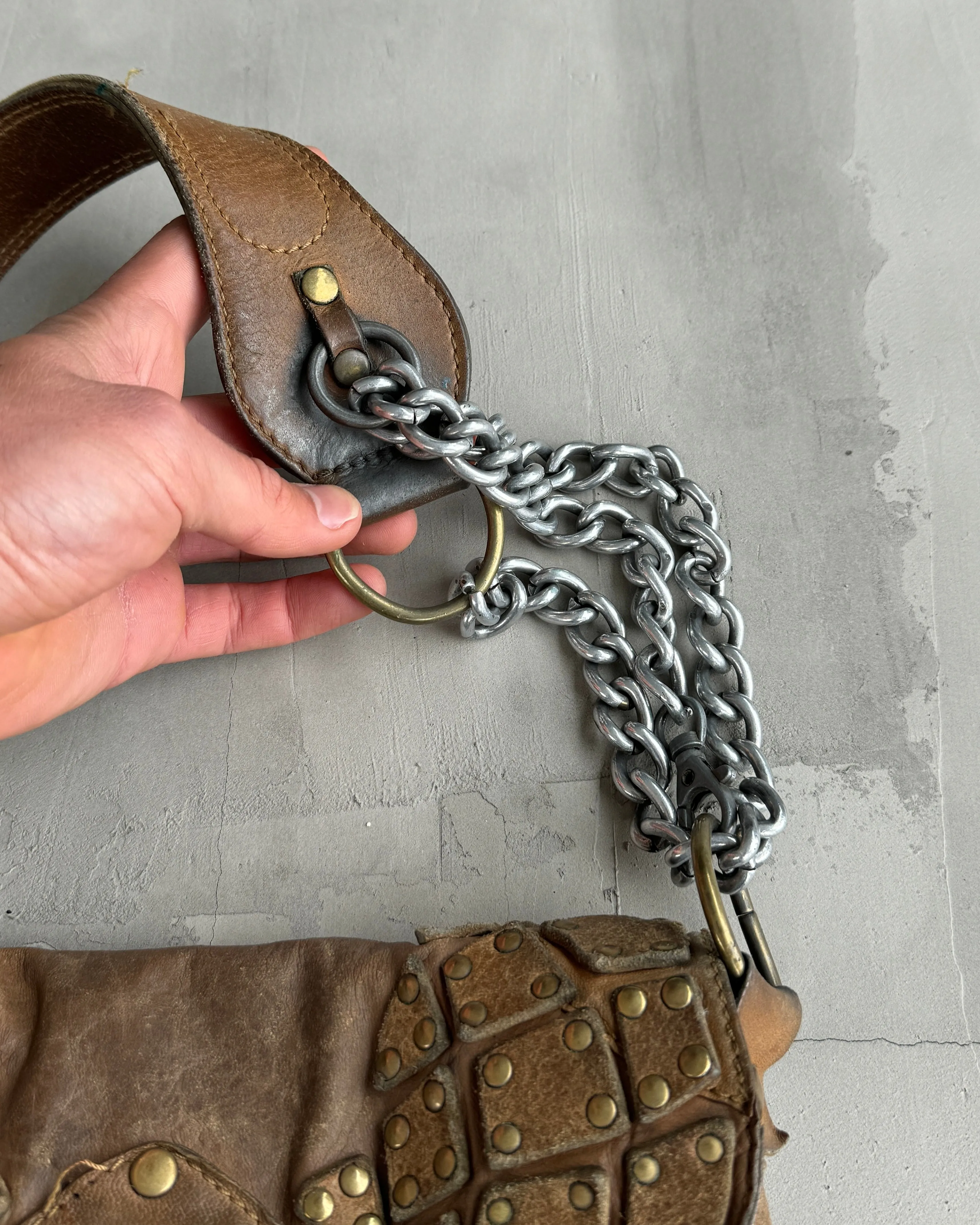 DIESEL 90'S BROWN LEATHER & CHROME SHOULDER BAG