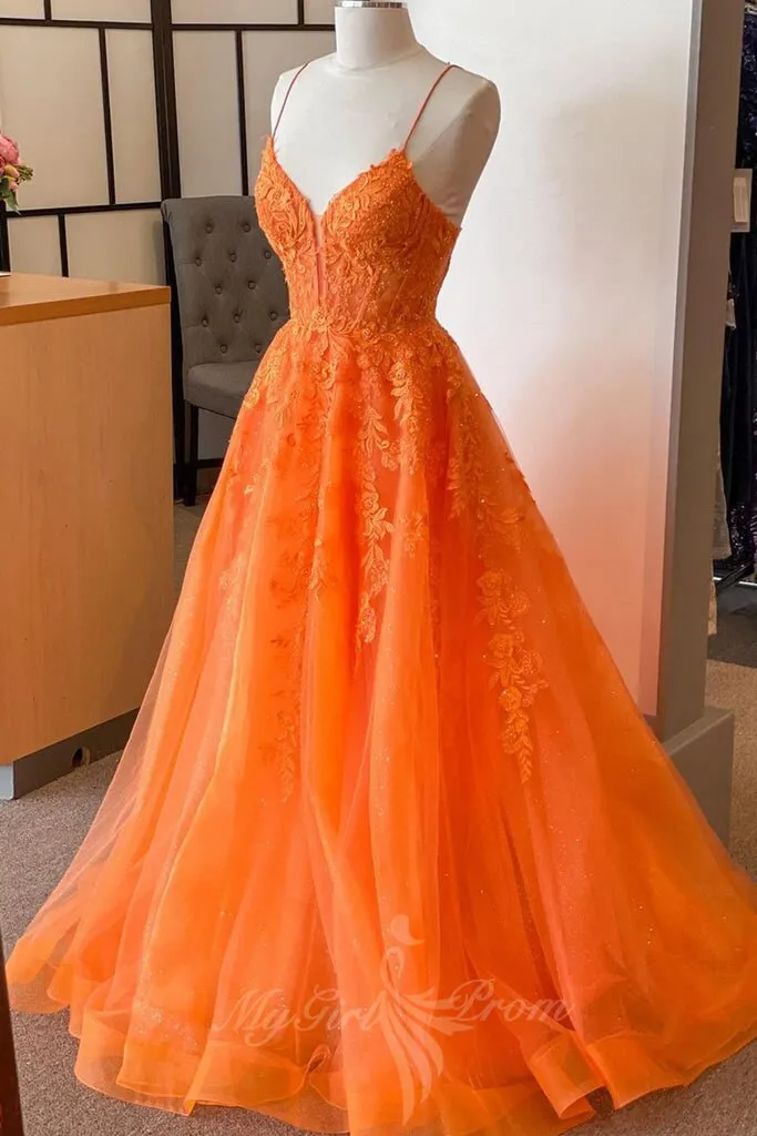 Elegant A Line V Neck Orange Beaded Appliques Tulle Long Prom Dress, GP705