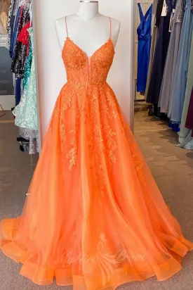Elegant A Line V Neck Orange Beaded Appliques Tulle Long Prom Dress, GP705