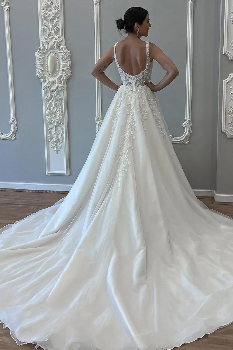 Elegant Straps Beaded Appliques A Line Backless Wedding Dresses PW566