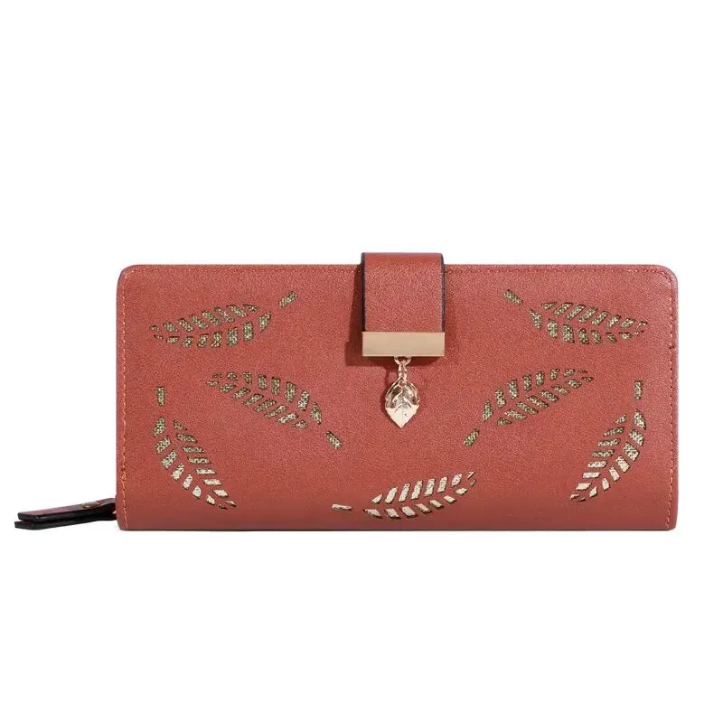 Fashion PU Leather Long Wallet for Women - Gold Hollow Leaves Design, Coin Purse, Card Holders, Clutch Handbag