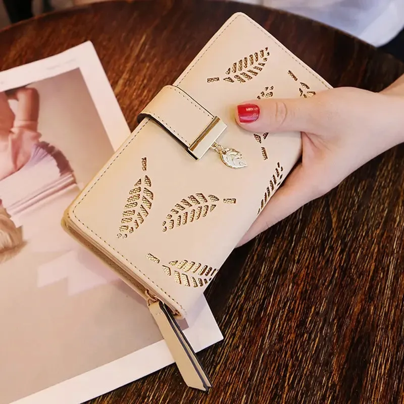 Fashion PU Leather Long Wallet for Women - Gold Hollow Leaves Design, Coin Purse, Card Holders, Clutch Handbag