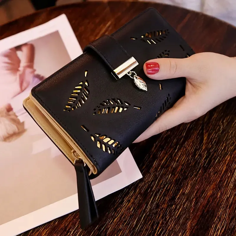 Fashion PU Leather Long Wallet for Women - Gold Hollow Leaves Design, Coin Purse, Card Holders, Clutch Handbag