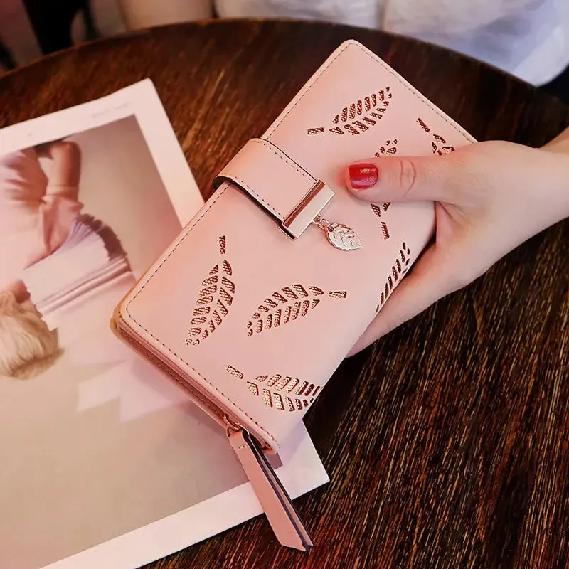 Fashion PU Leather Long Wallet for Women - Gold Hollow Leaves Design, Coin Purse, Card Holders, Clutch Handbag