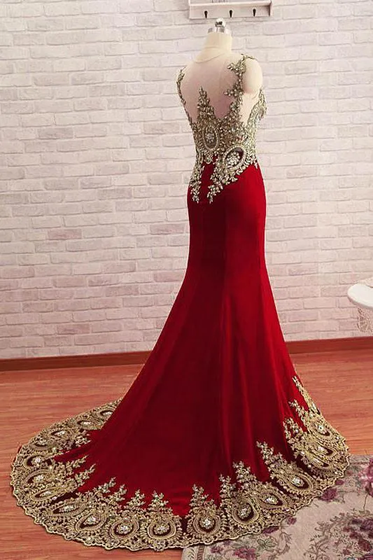 Gold Beaded Appliques Mermaid Burgundy Long Prom Formal Dress MP710