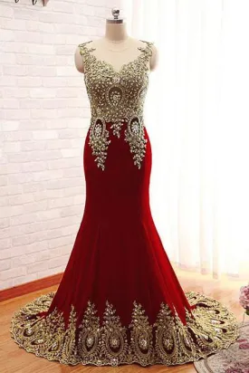 Gold Beaded Appliques Mermaid Burgundy Long Prom Formal Dress MP710