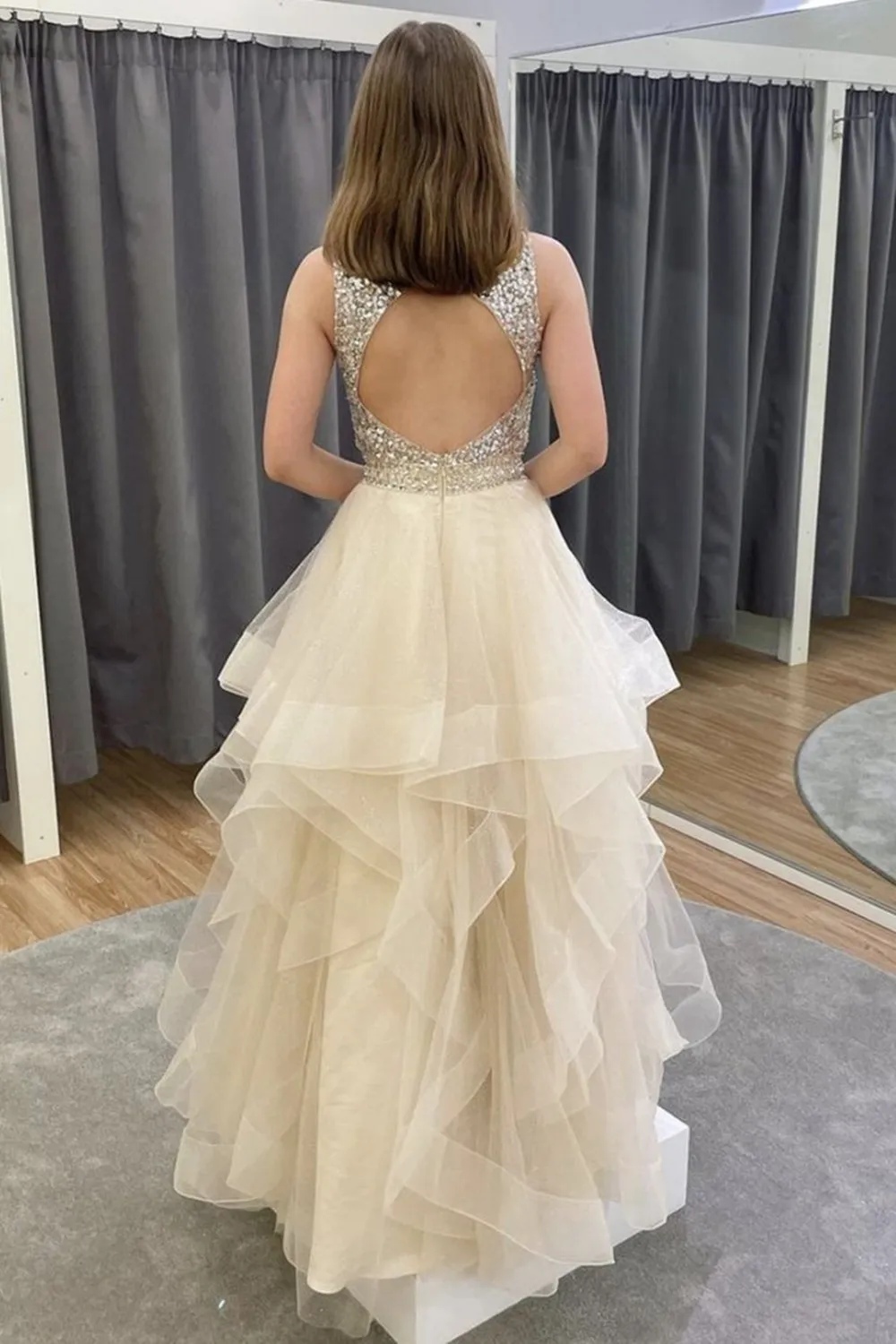 Gorgeous Open Back Beaded Fluffy Long Prom Dress, Graduation Gown GP181