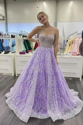 Gorgeous Sweetheart Lavender Beaded Long Sparkly Prom Dress, GP180