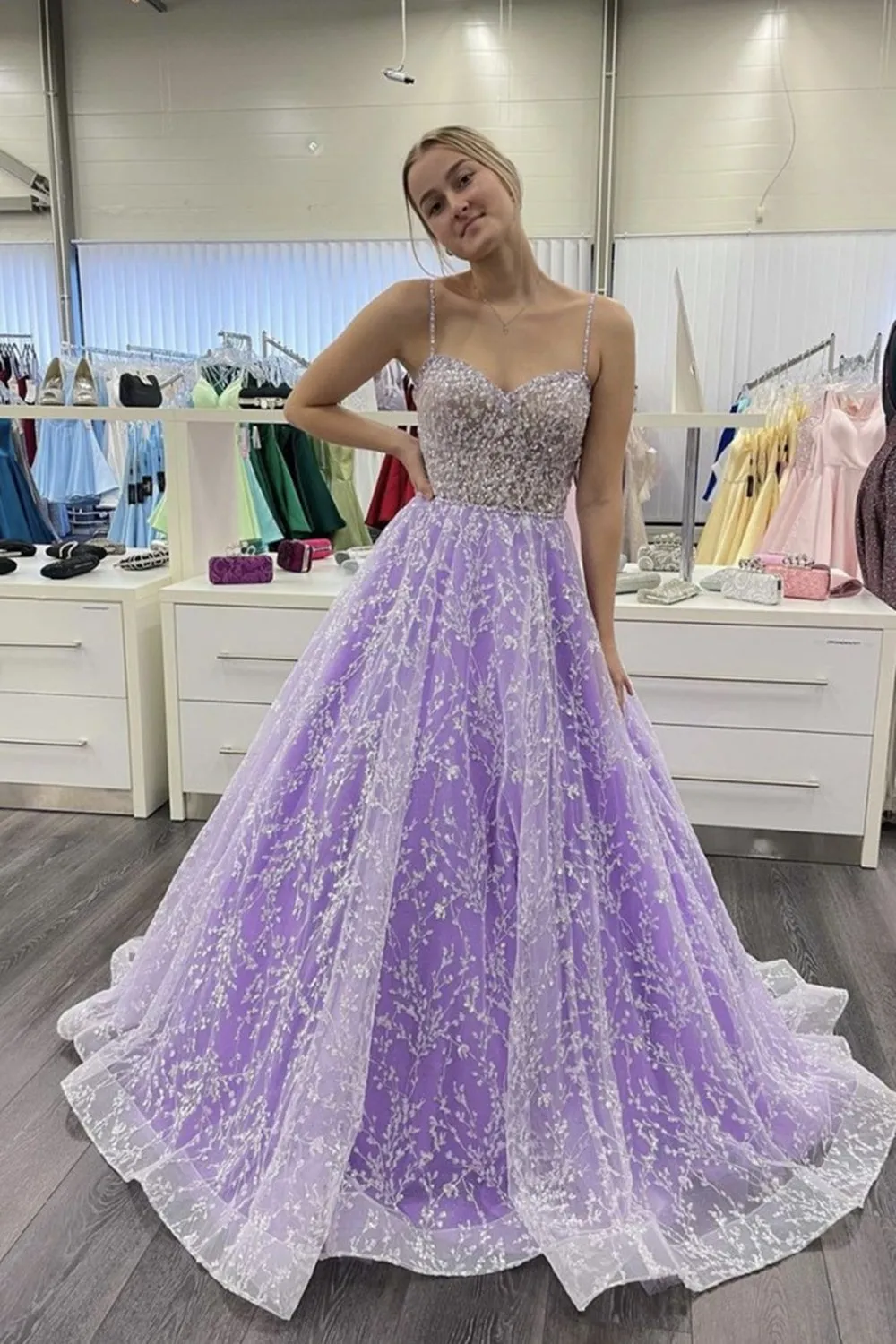 Gorgeous Sweetheart Lavender Beaded Long Sparkly Prom Dress, GP180
