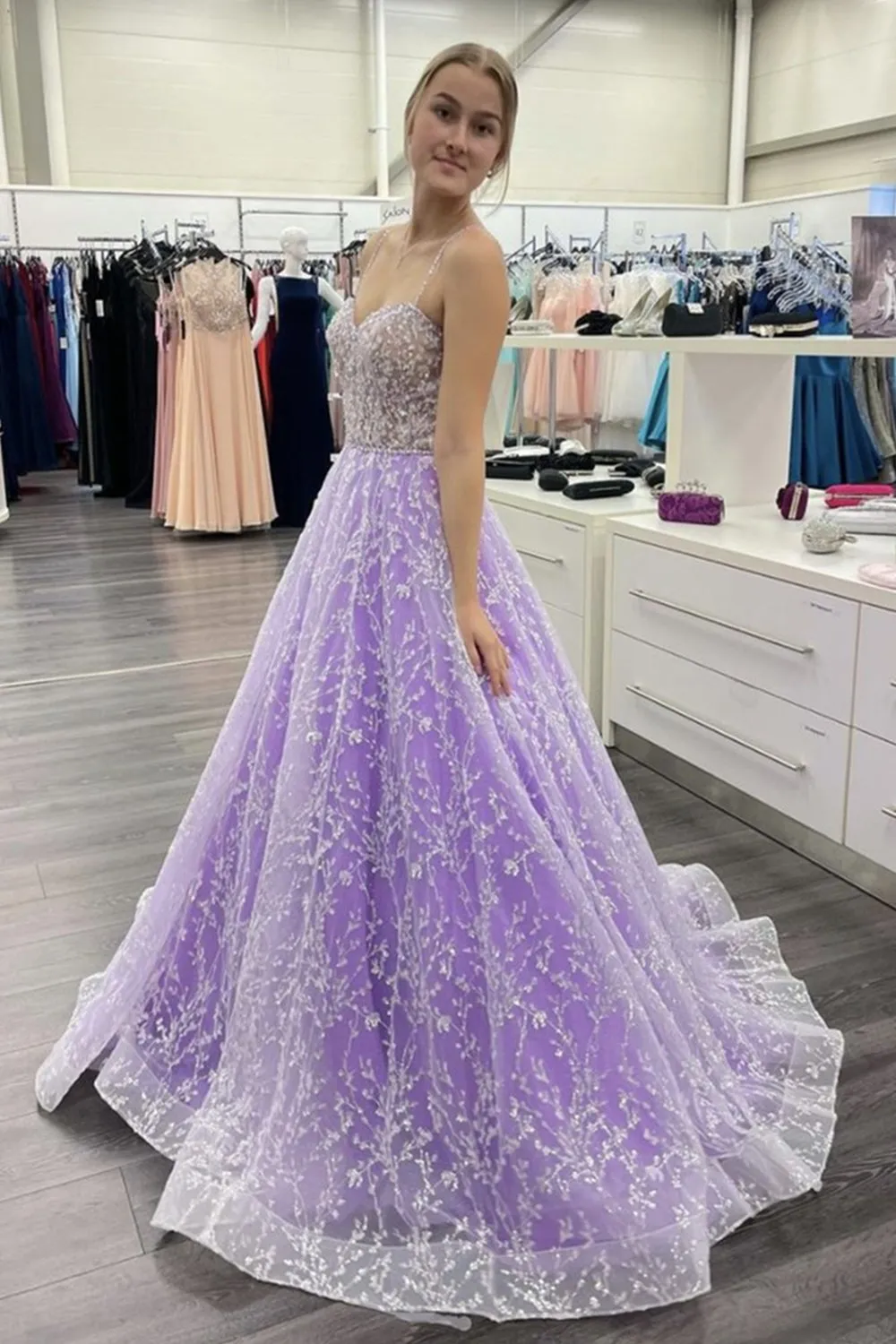 Gorgeous Sweetheart Lavender Beaded Long Sparkly Prom Dress, GP180