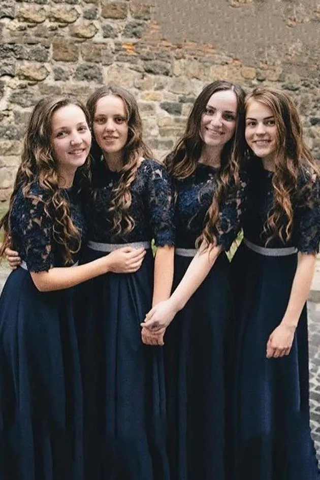 Half Sleeves Black Bridesmaid Dresses Lace Bodice Waist Beaded PB150