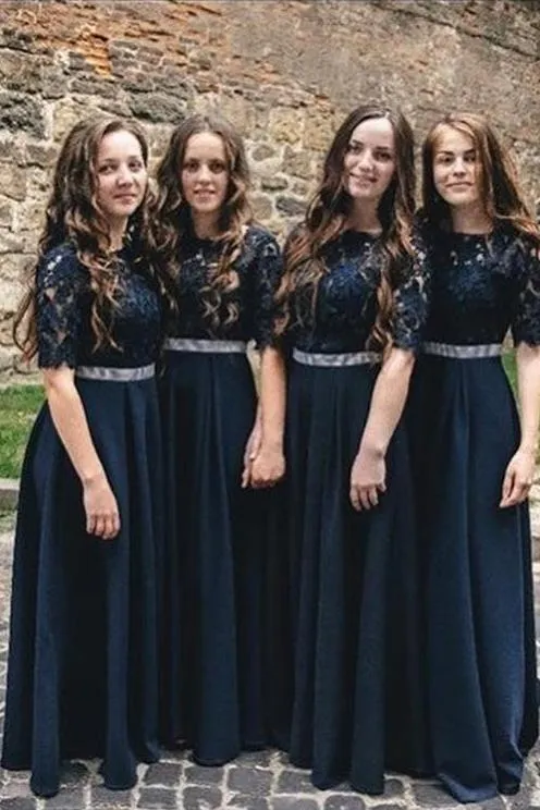 Half Sleeves Black Bridesmaid Dresses Lace Bodice Waist Beaded PB150