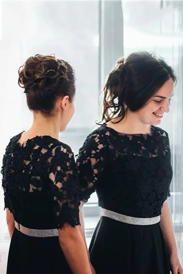 Half Sleeves Black Bridesmaid Dresses Lace Bodice Waist Beaded PB150