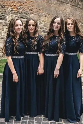 Half Sleeves Black Bridesmaid Dresses Lace Bodice Waist Beaded PB150