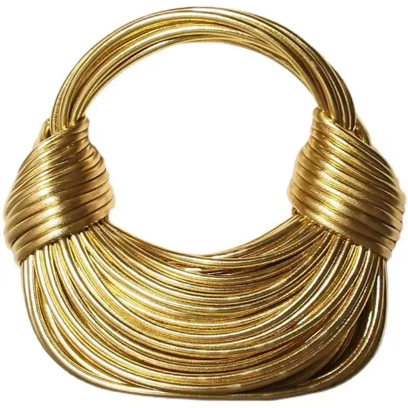 Handwoven noodle bags, rope-knotted hobo,  and silver evening clutch / Luxury Designer Handbags for Women in Gold.