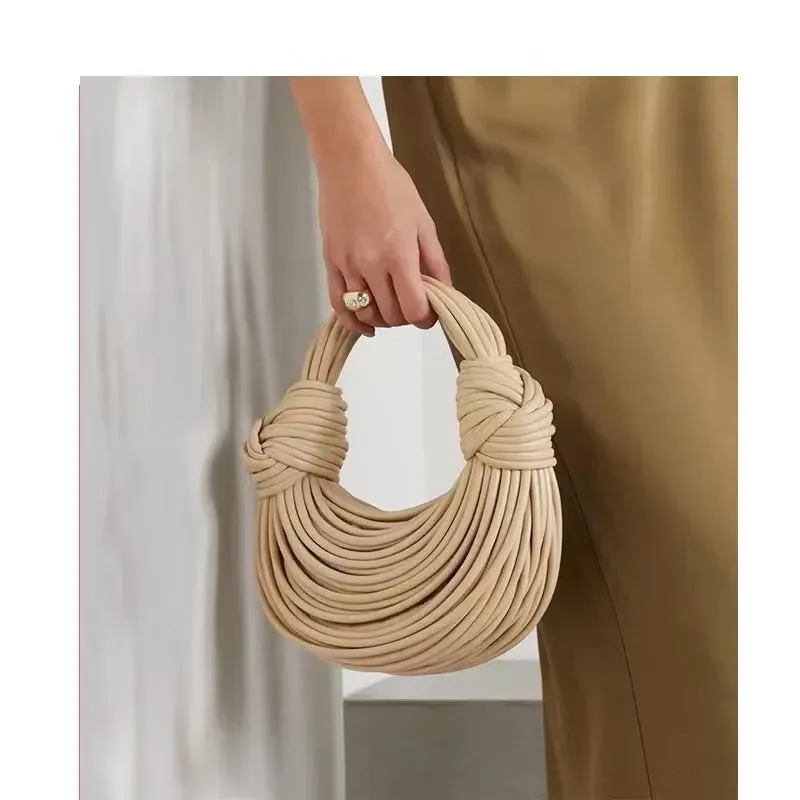Handwoven noodle bags, rope-knotted hobo,  and silver evening clutch / Luxury Designer Handbags for Women in Gold.