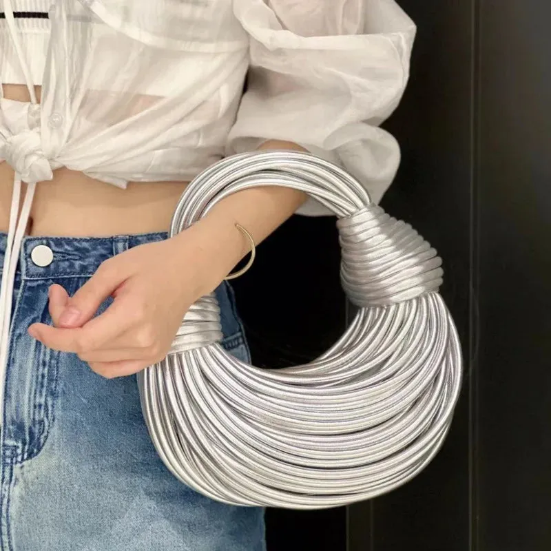 Handwoven noodle bags, rope-knotted hobo,  and silver evening clutch / Luxury Designer Handbags for Women in Gold.