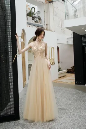 Jewel Tulle Long Prom Dresses Keyhole Evening Gown With Beaded MG154