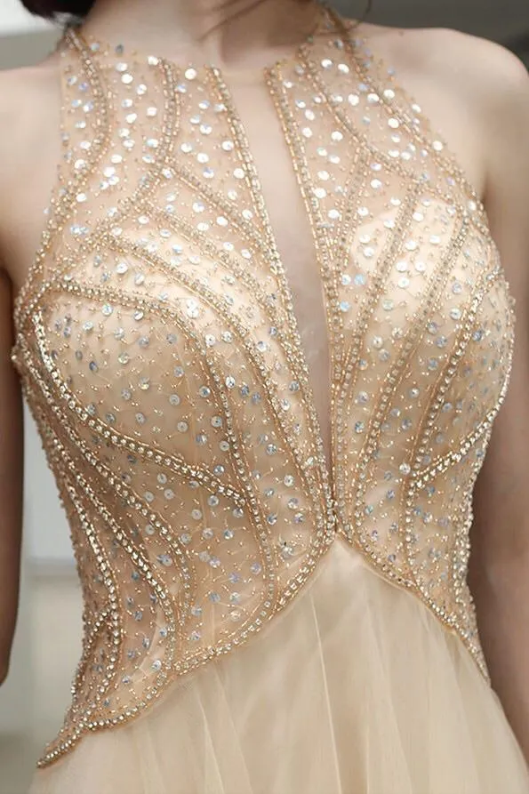 Jewel Tulle Long Prom Dresses Keyhole Evening Gown With Beaded MG154