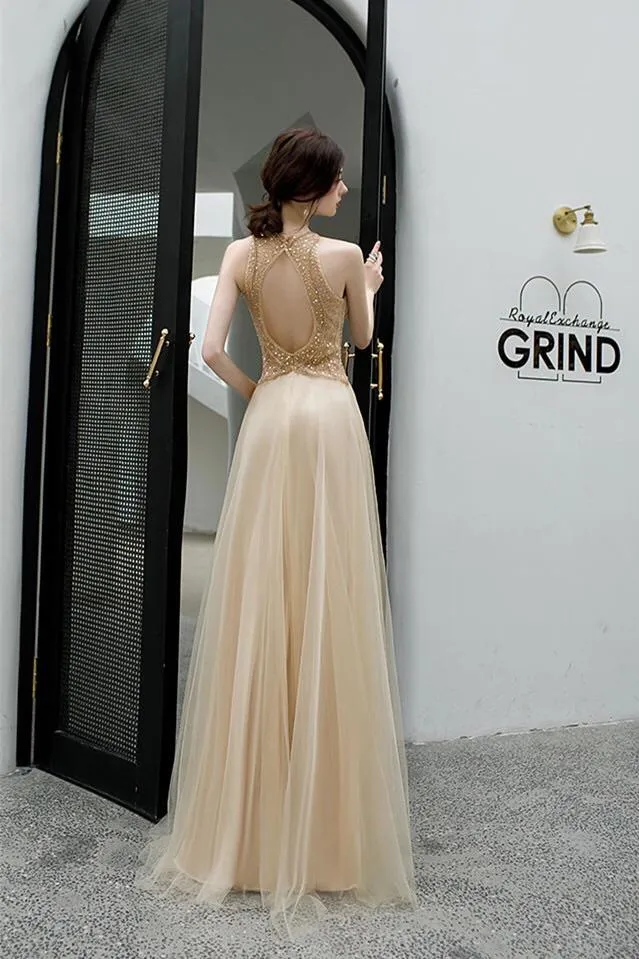 Jewel Tulle Long Prom Dresses Keyhole Evening Gown With Beaded MG154