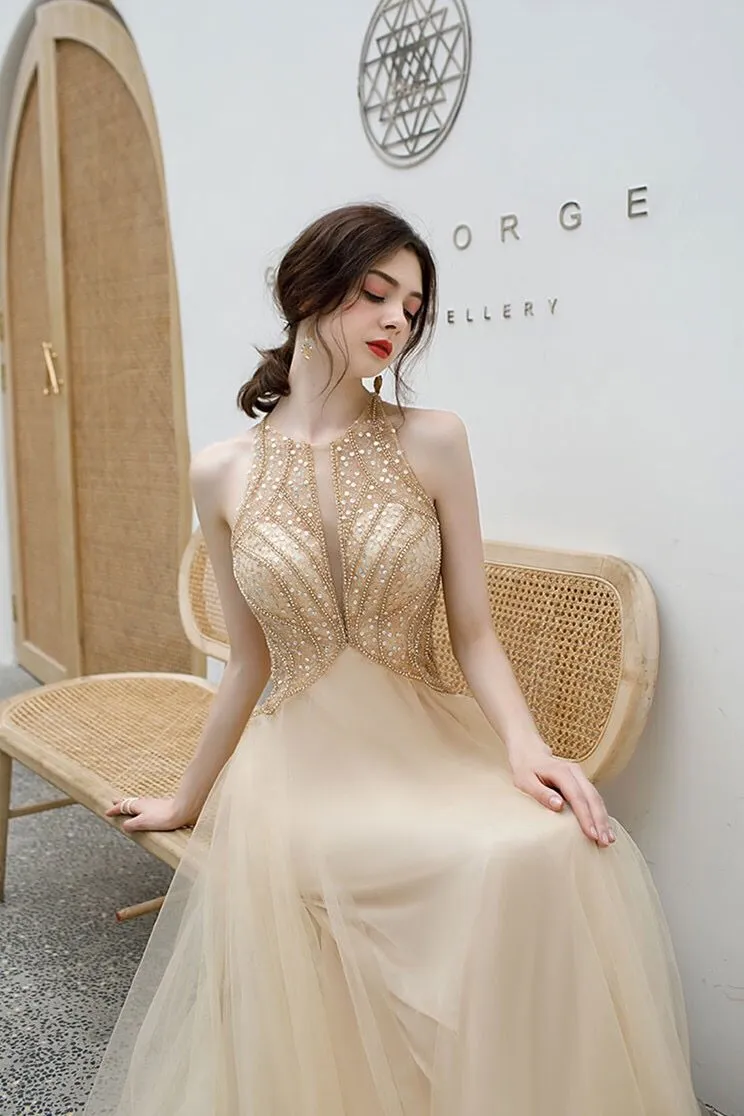 Jewel Tulle Long Prom Dresses Keyhole Evening Gown With Beaded MG154