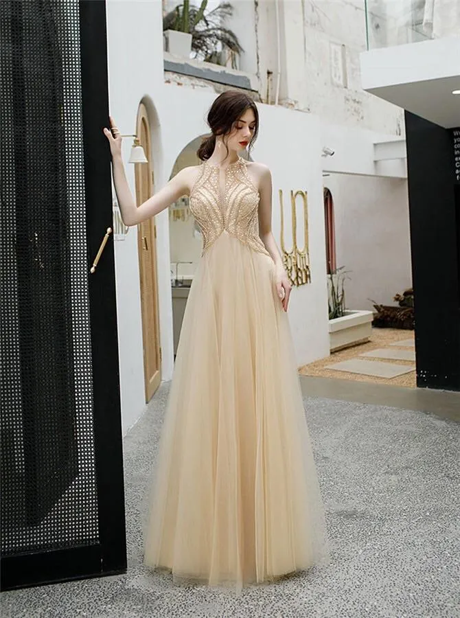 Jewel Tulle Long Prom Dresses Keyhole Evening Gown With Beaded MG154