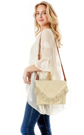 LOA403 Straw Envelope Fringe Accent Clutch Crossbody Bag